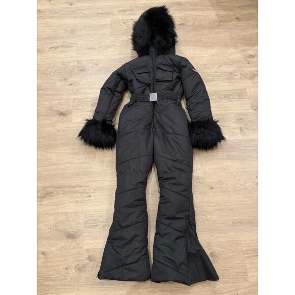 PrettyLittleThing PLTSKI Black Faux Fur Trim Belted Ski Snow Suit M - Picture 1 of 10